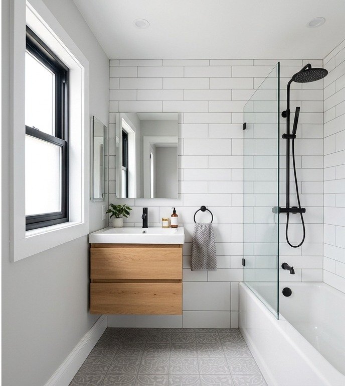 After: bright modern bathroom with wood vanity and glass shower