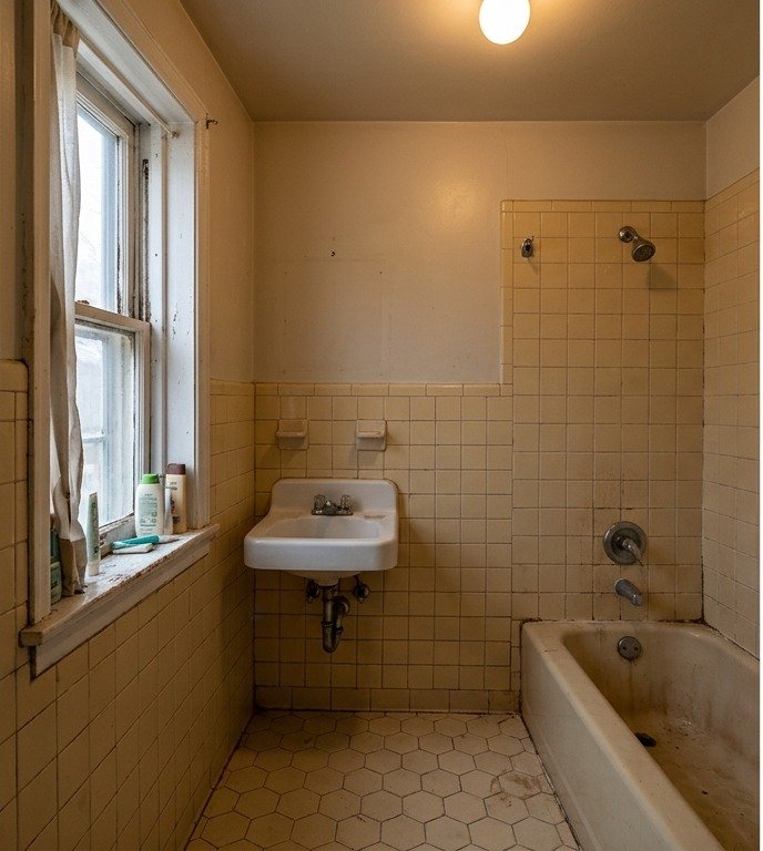 Before: dated yellow-tiled bathroom