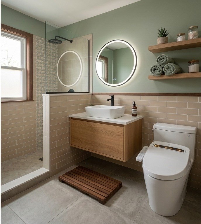 After: sage green bathroom with smart toilet and round mirror