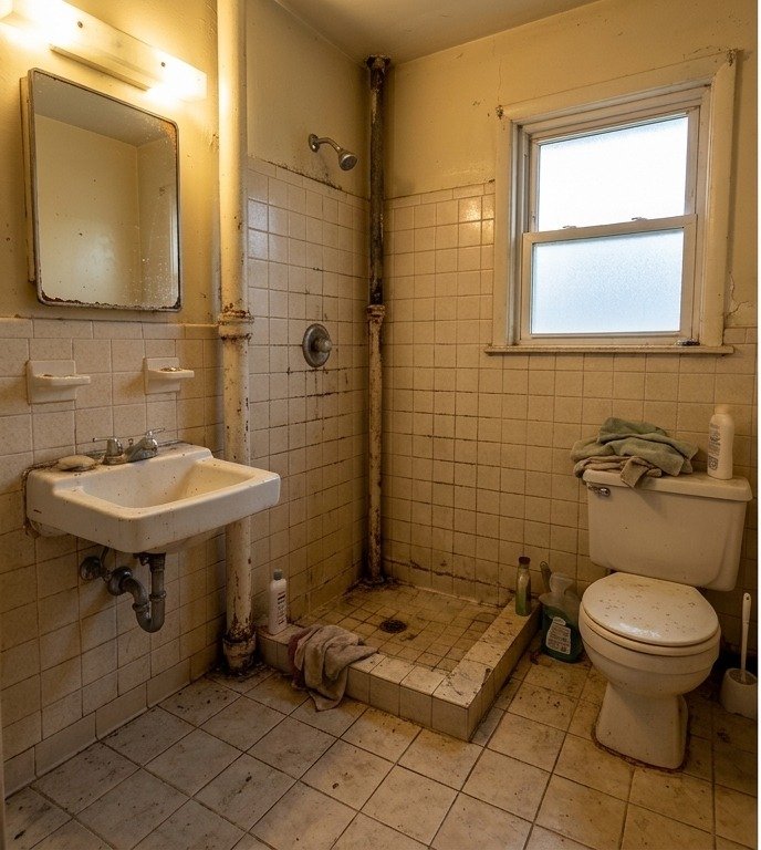 Before: worn 1970s bathroom