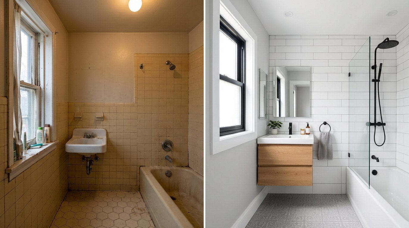 Before and after bathroom transformation, Mission Hills