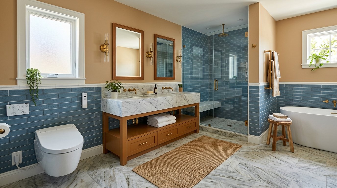 Remodeled full bathroom with blue tiled walk-in shower, marble vanity and smart toilet