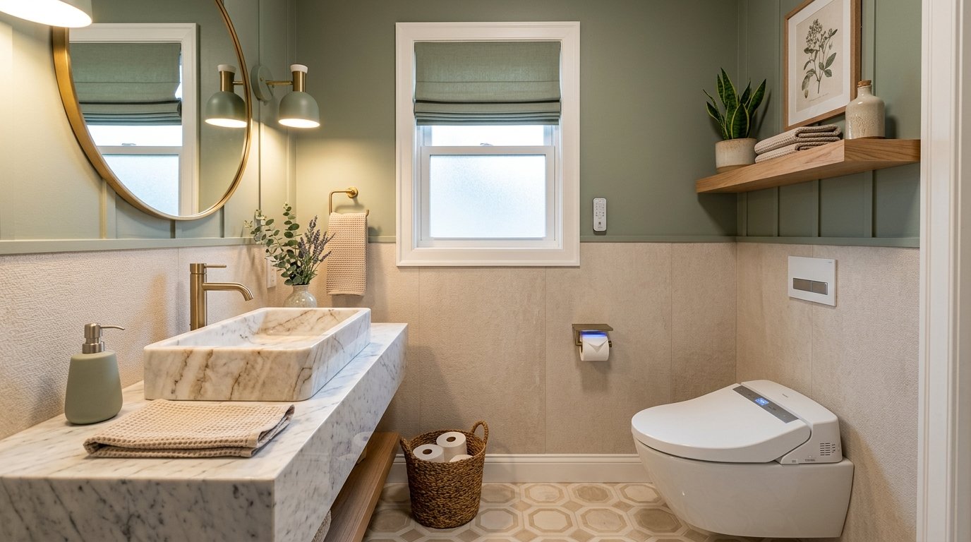 Remodeled half bathroom with marble vessel sink and smart toilet