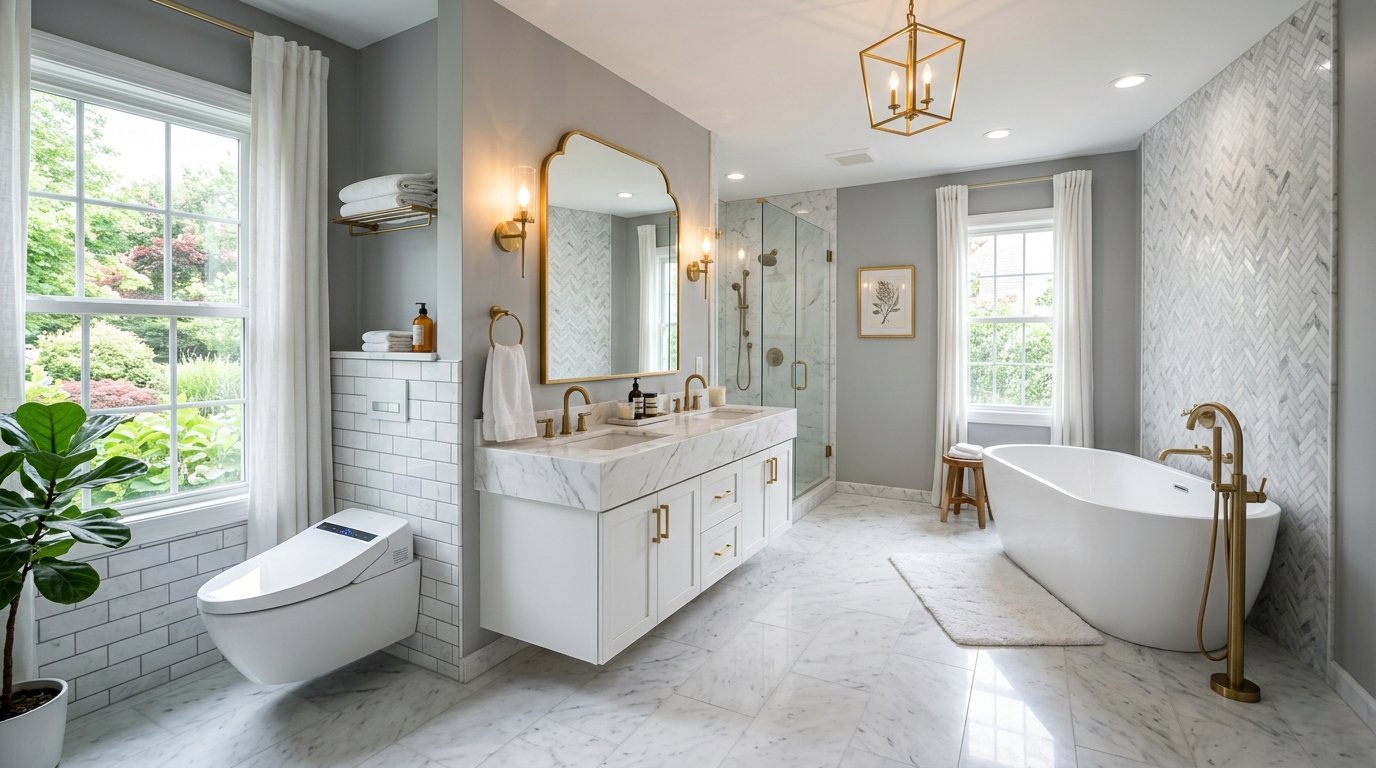 Newly remodeled master bathroom with freestanding tub, marble tile and glass shower